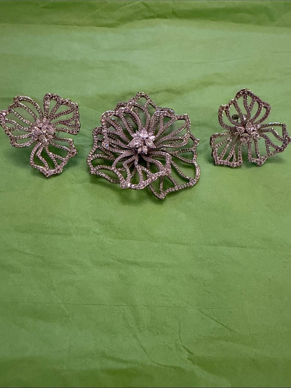Crystal Floral Brooch and Earrings Set - Silver Tone